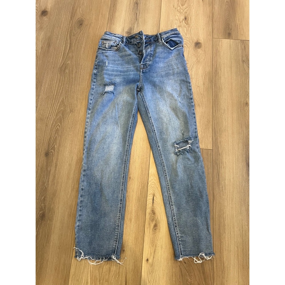 Forever 21 Womens Distressed Jeans Button Fly Raw Hem High Rise Blue Denim Sz 27